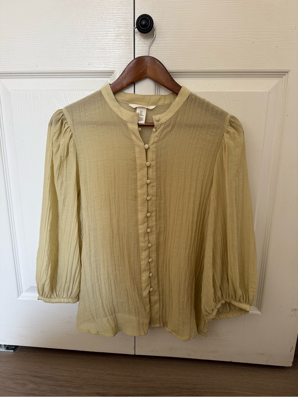 H&M Light Green Button-Front Puff Sleeve Blouse